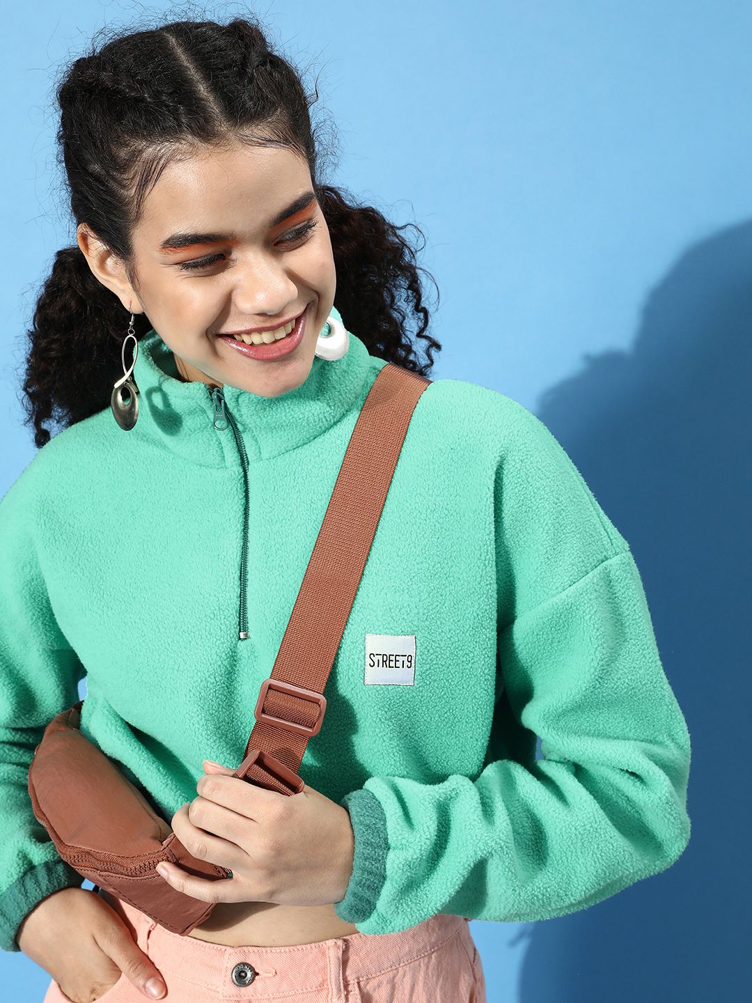 STREET 9 Women Enchanting Sea Green Solid Cropped Sweatshirt
