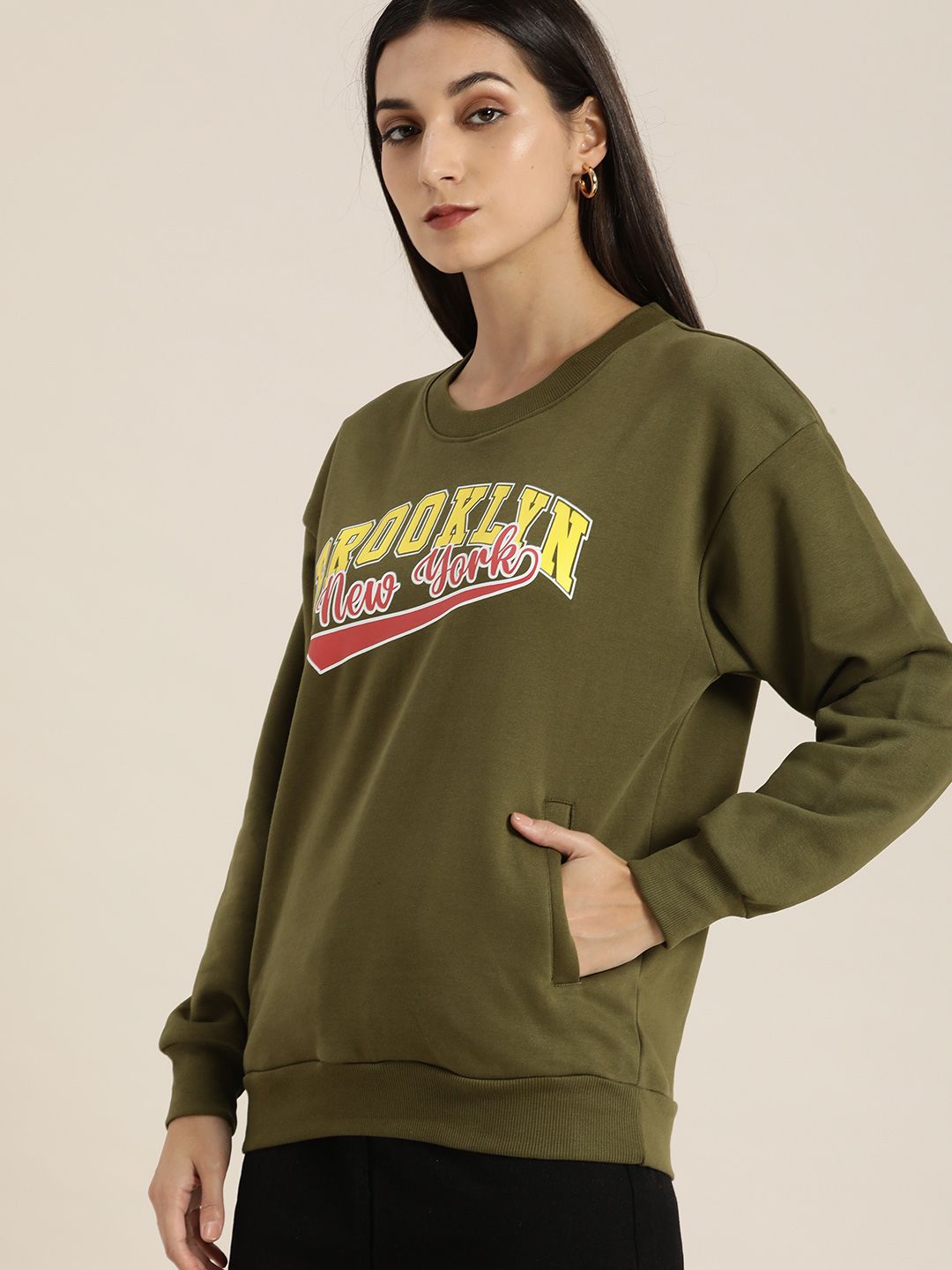 DILLINGER Women Olive Green Printed Oversized Sweatshirt