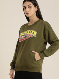 DILLINGER Women Olive Green Printed Oversized Sweatshirt