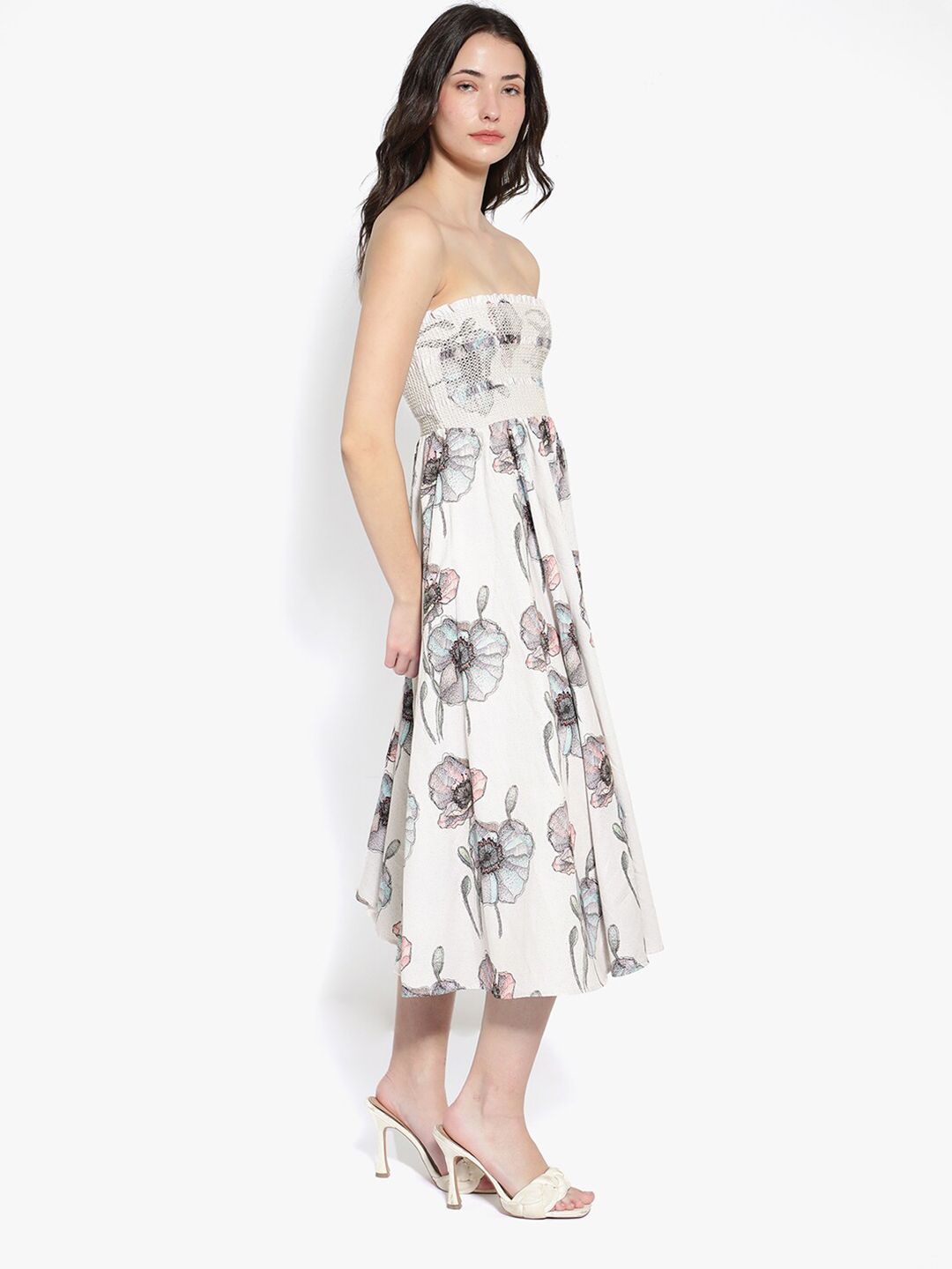 Rareism Off Shouler Floral Printed Cotton Fit & Flare Midi Dress