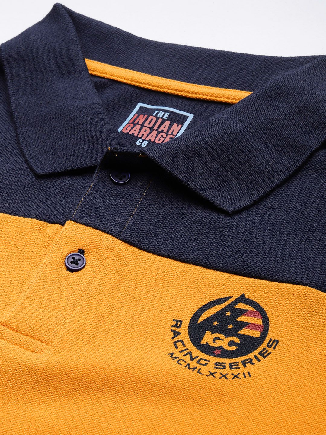 The Indian Garage Co Men Yellow & Navy Blue Colourblocked Polo Collar T-shirt