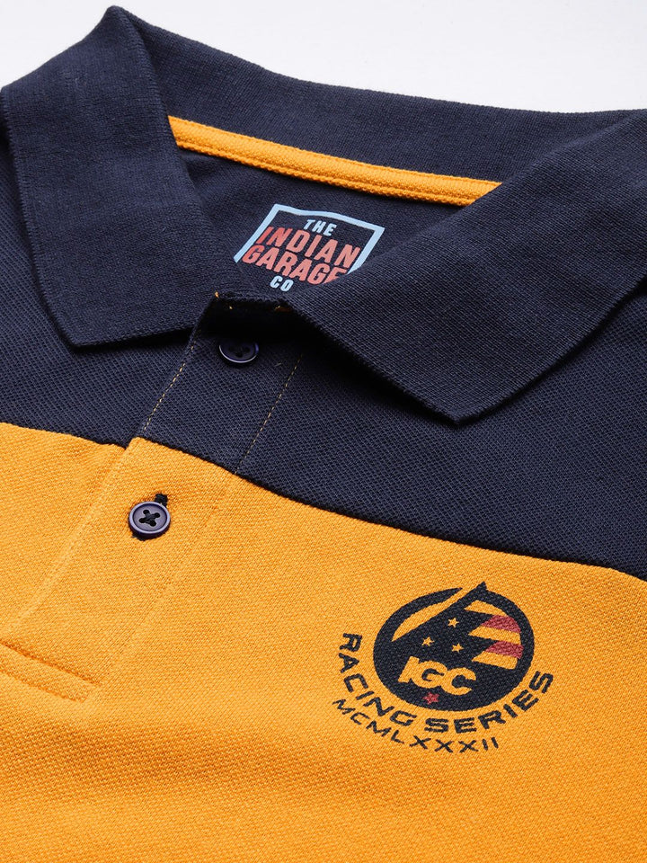 The Indian Garage Co Men Yellow & Navy Blue Colourblocked Polo Collar T-shirt