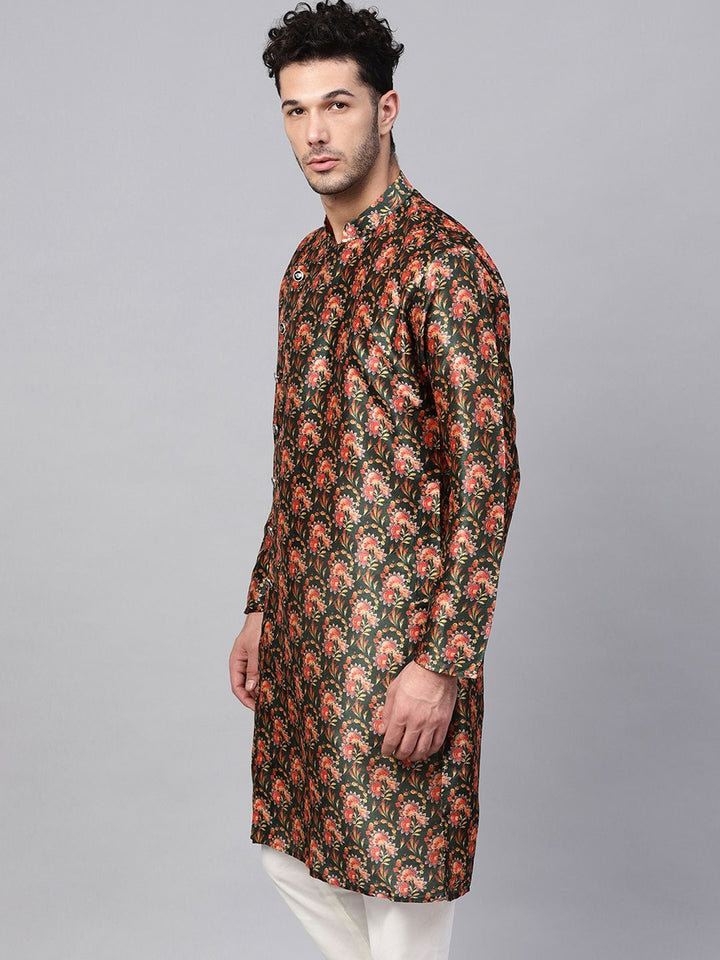 SOJANYA Men Green & Pink Printed Straight Kurta