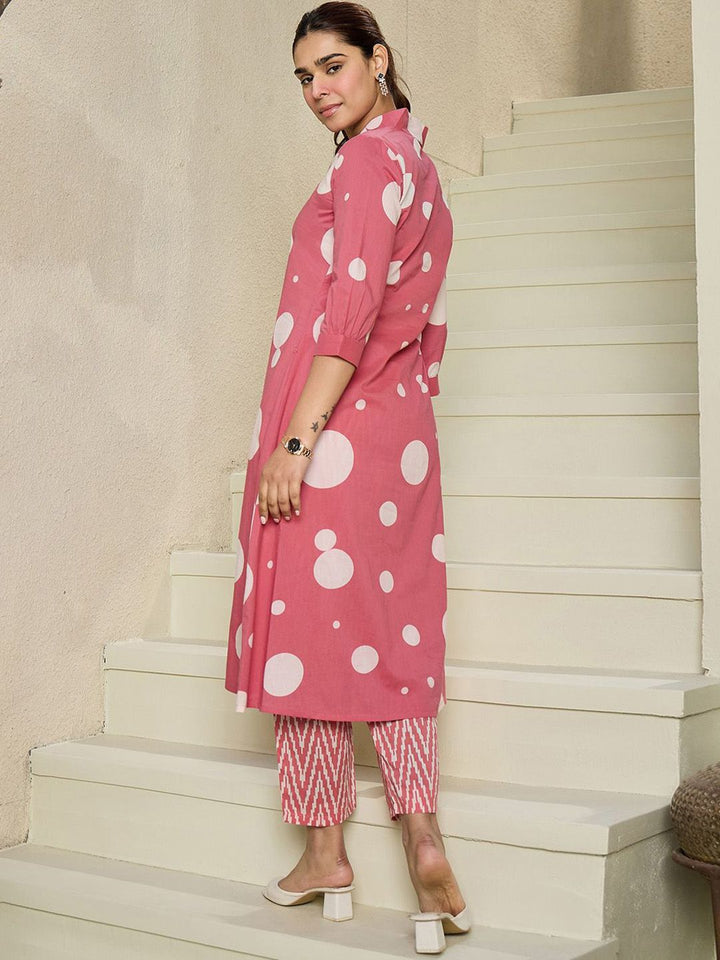 Indo Era Geometric Printed V-Neck Pure Cotton A-line Kurta With Trousers