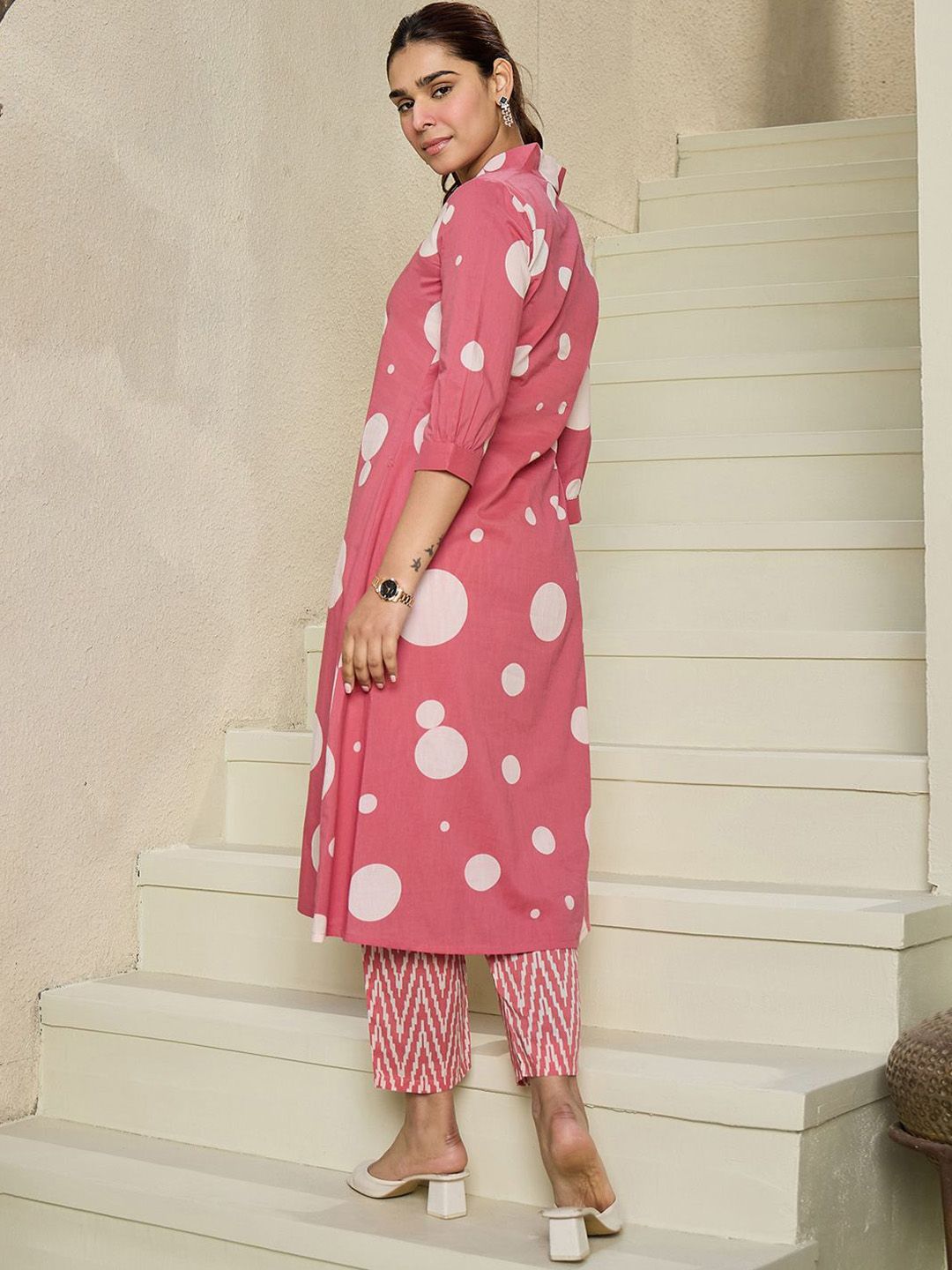Indo Era Geometric Printed V-Neck Pure Cotton A-line Kurta With Trousers