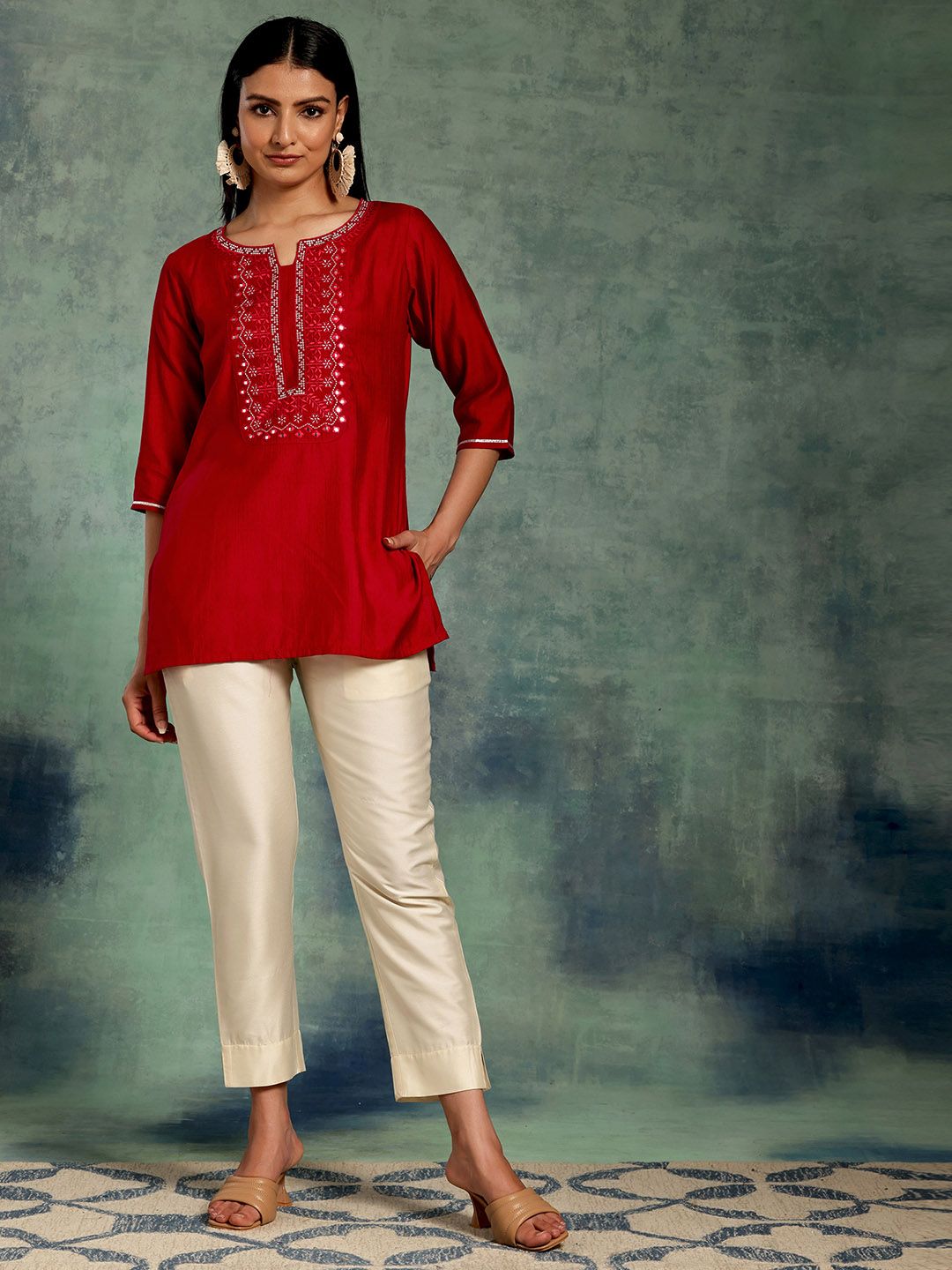 Libas Floral Embroidered Yoke Design Straight Kurti