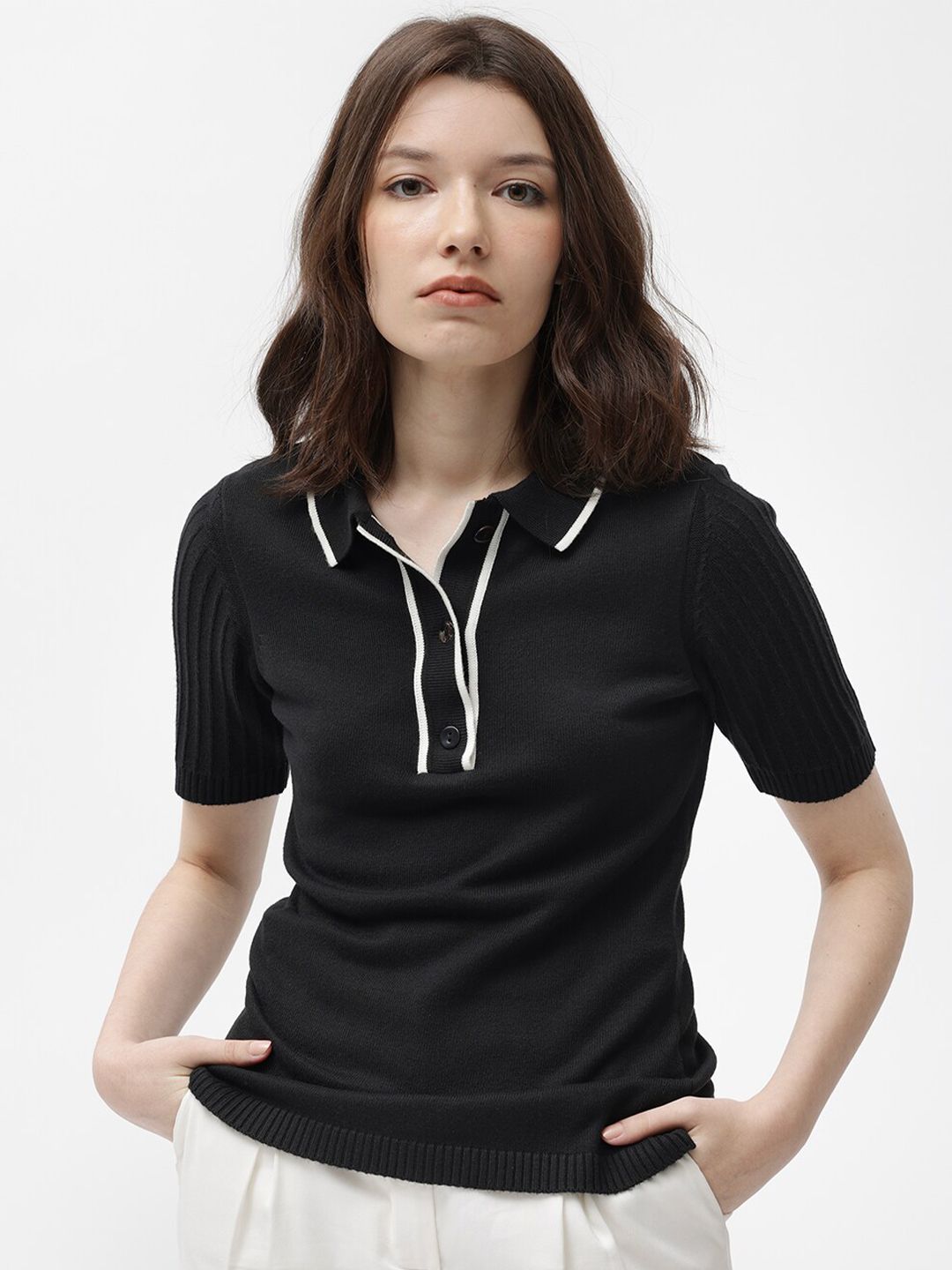 RAREISM Knitted Polo Collar Cotton T-Shirt