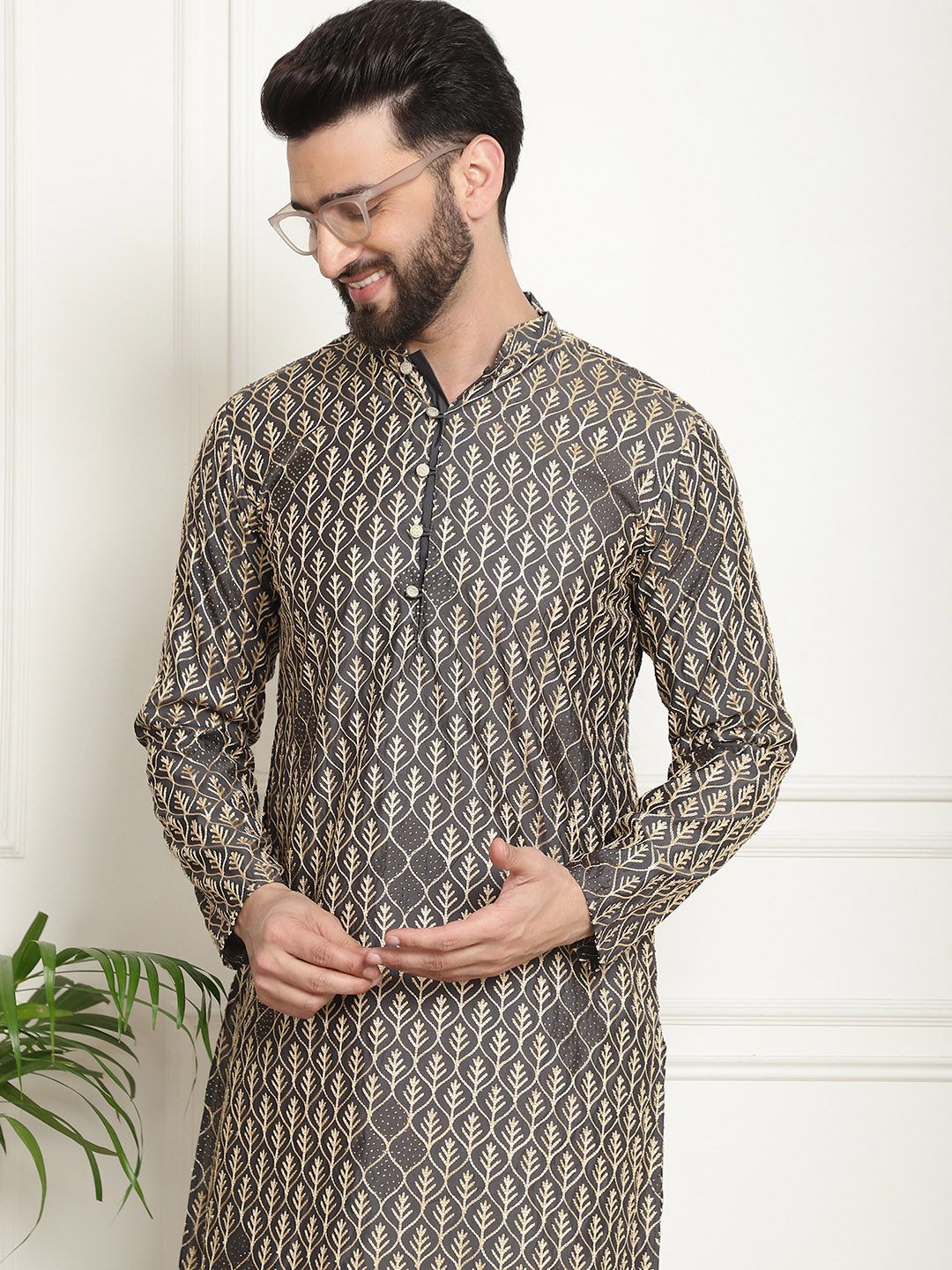 SOJANYA Kurta Katun Tulen Bersulam Geometrik Kolar Mandarin Lurus