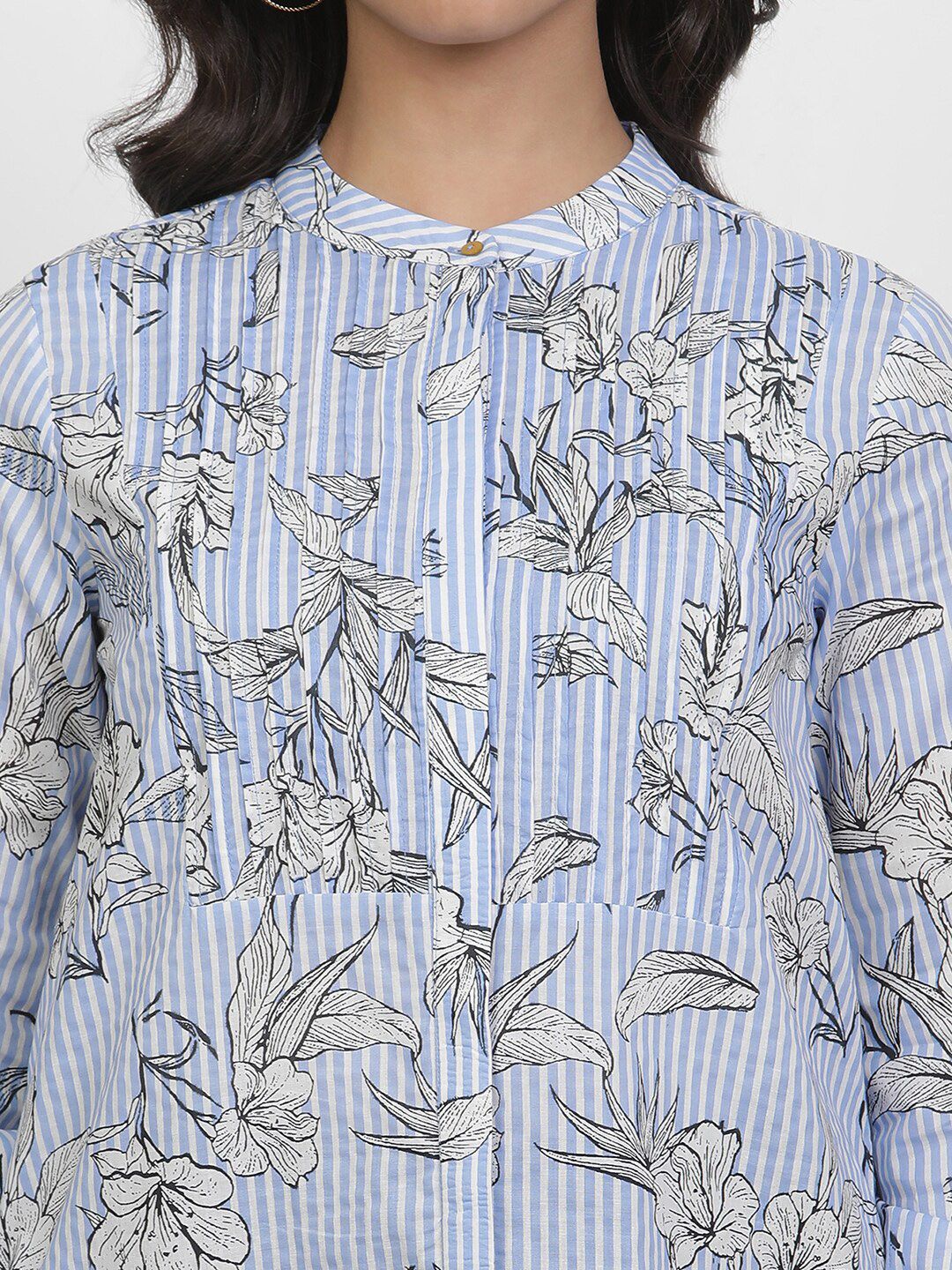 W Floral Printed Shirt Collar Cuffed Sleeves Cotton High-Low Longline Top