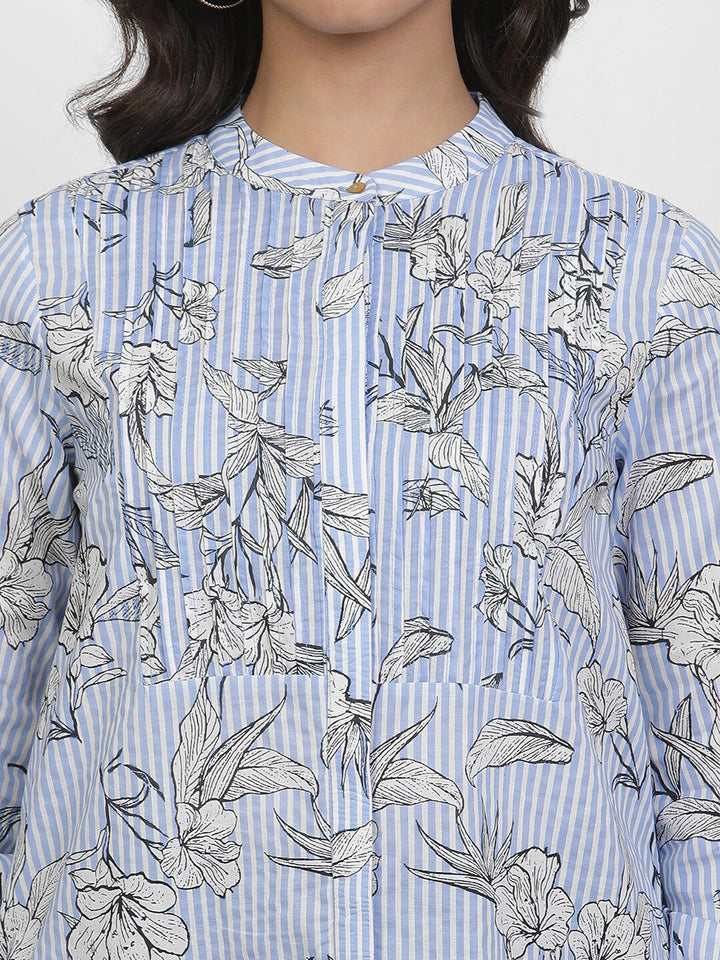 W Floral Printed Shirt Collar Cuffed Sleeves Cotton High-Low Longline Top