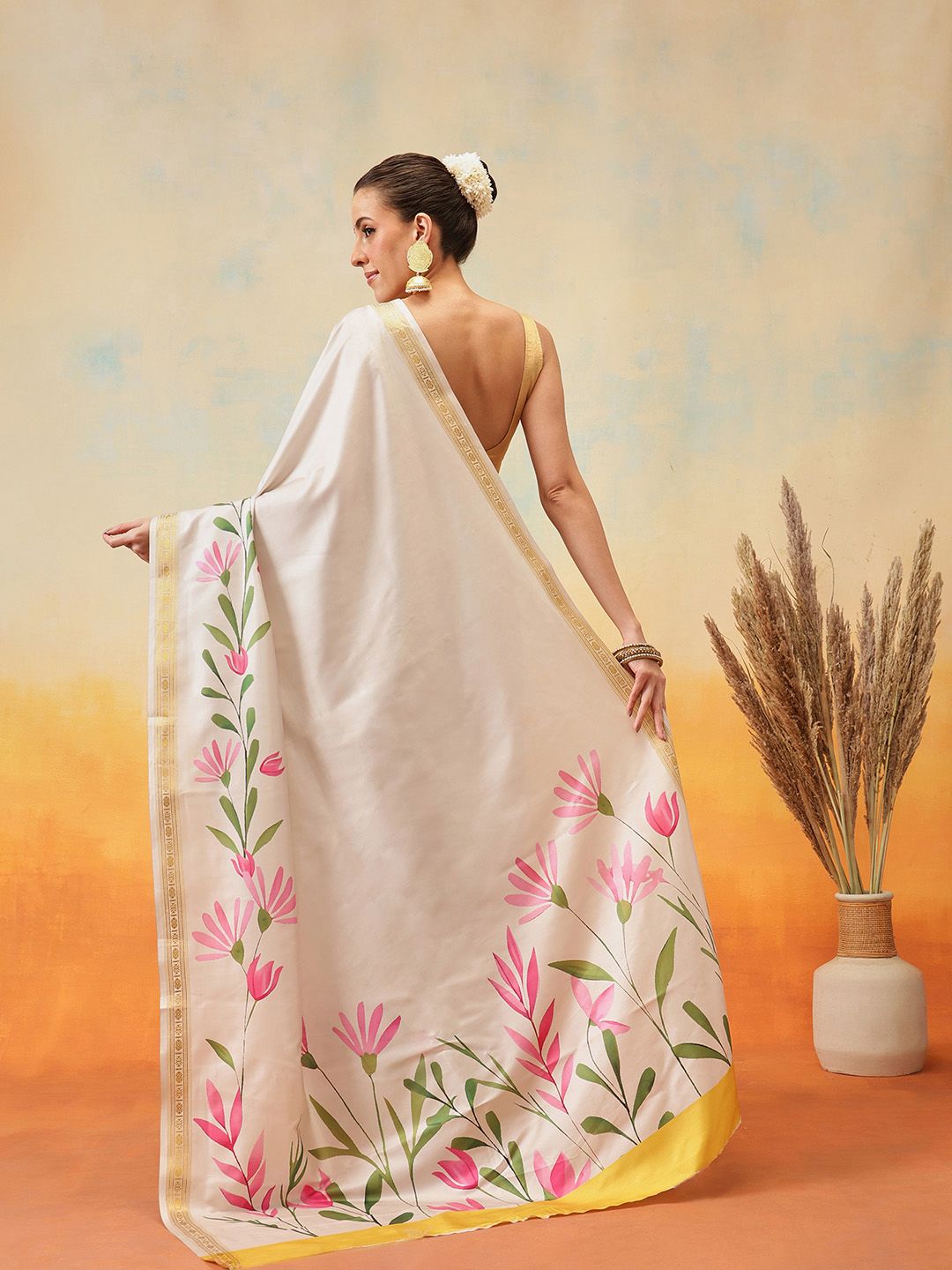 Silk Land Floral Printed Zari Ready to Wear Kasavu Saree
