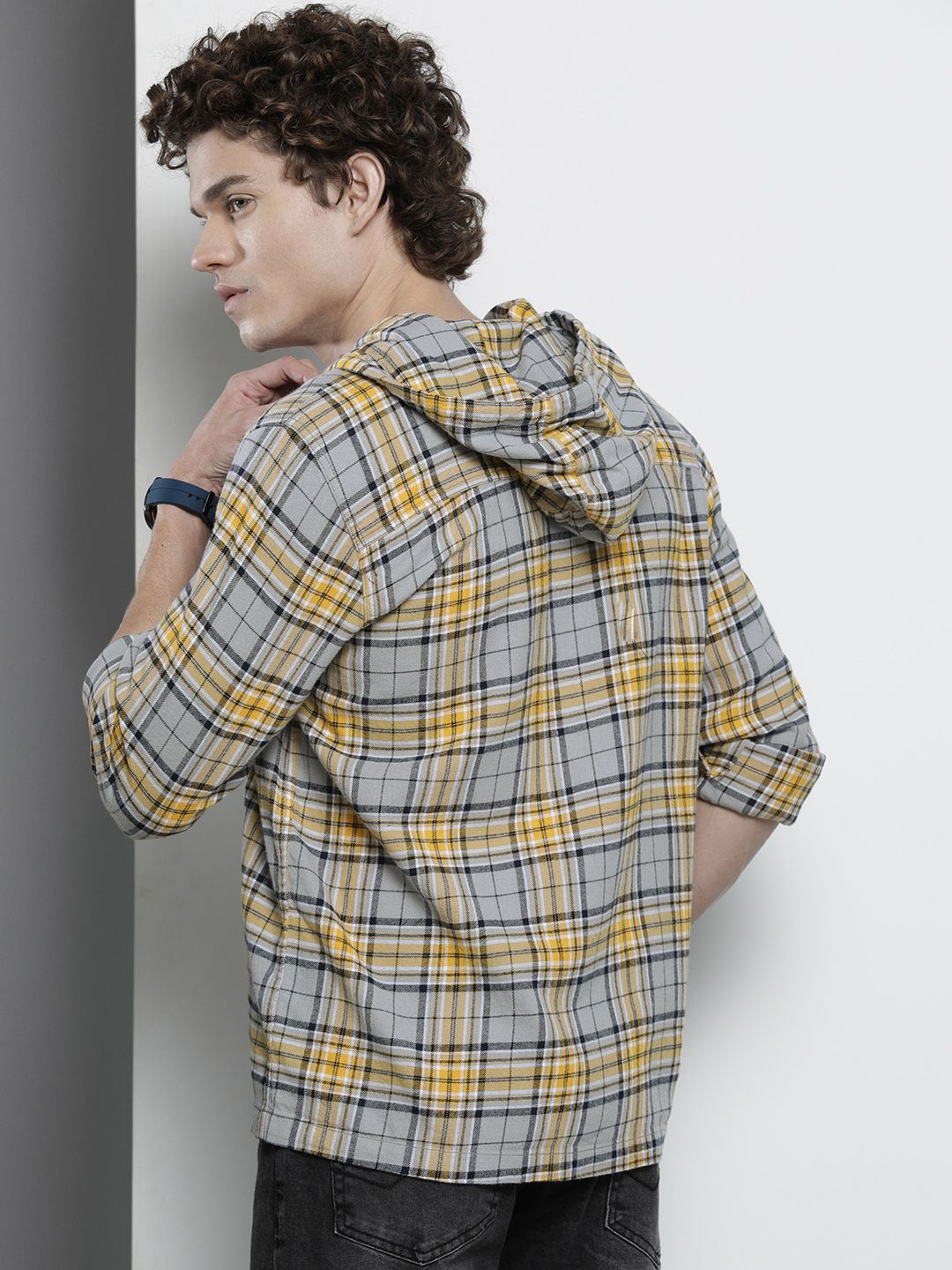The Indian Garage Co Men Checkered Hooded Shirt with Double Flap Pockets