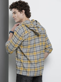 The Indian Garage Co Men Checkered Hooded Shirt with Double Flap Pockets