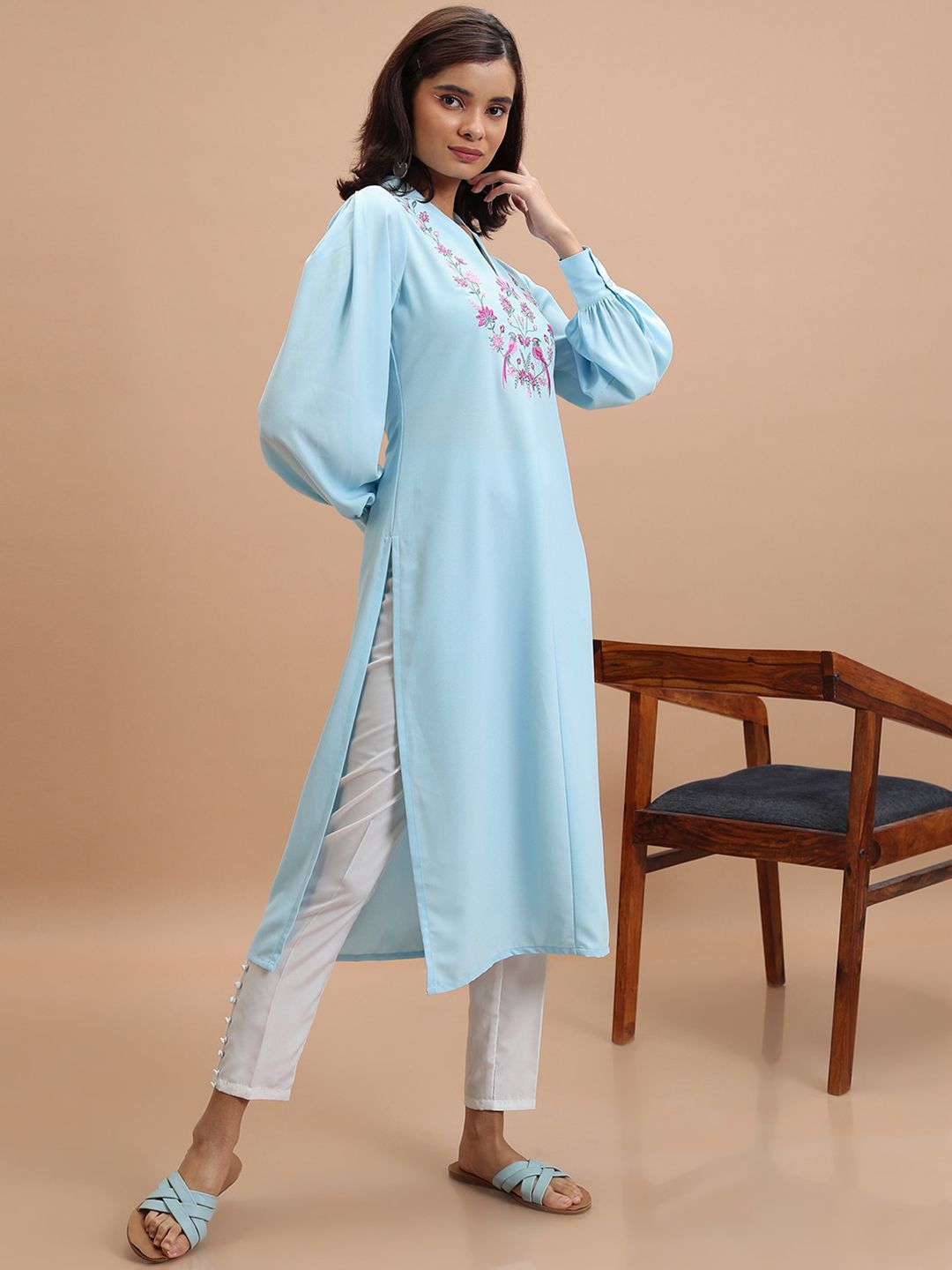 Vishudh Blue Floral Yoke Design Thread Work Straight Kurta