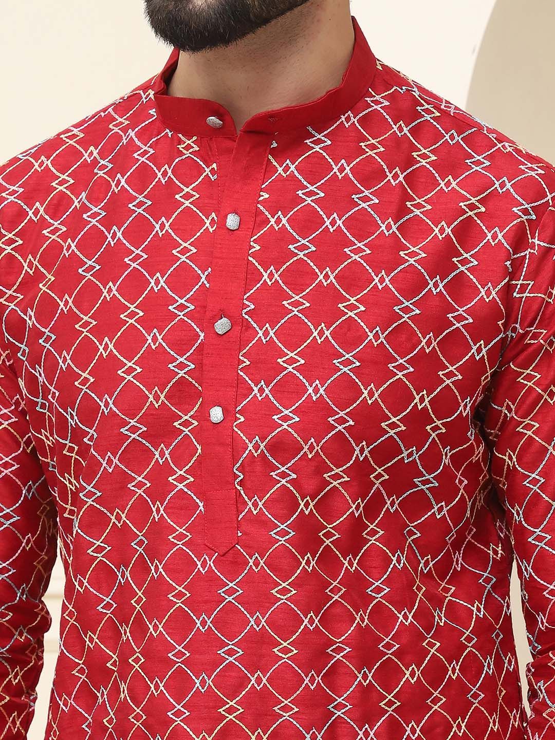 SOJANYA Geometrik Sulam Benang Kerja Sutera Cotton Kurta