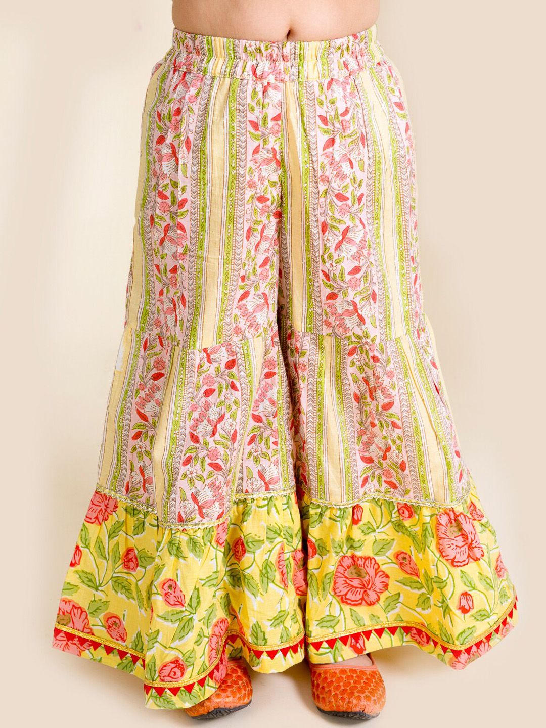 pspeaches Girls Yellow Floral Printed Pleated Pure Cotton Kurta with Sharara & With Dupatta