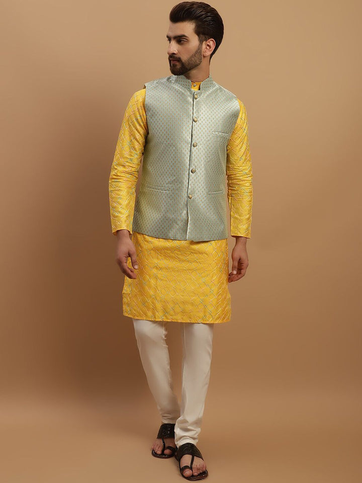 SOJANYA Geometric Embroidered Regular Kurta with Churidar & Woven Design Nehru Jacket