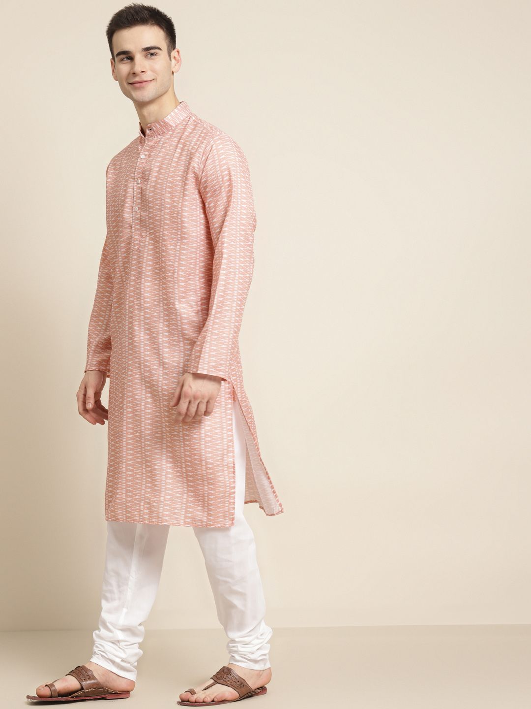 SOJANYA Men Peach-Coloured & White Pure Cotton Leheriya Printed Kurta