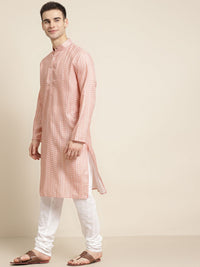 SOJANYA Men Peach-Coloured & White Pure Cotton Leheriya Printed Kurta