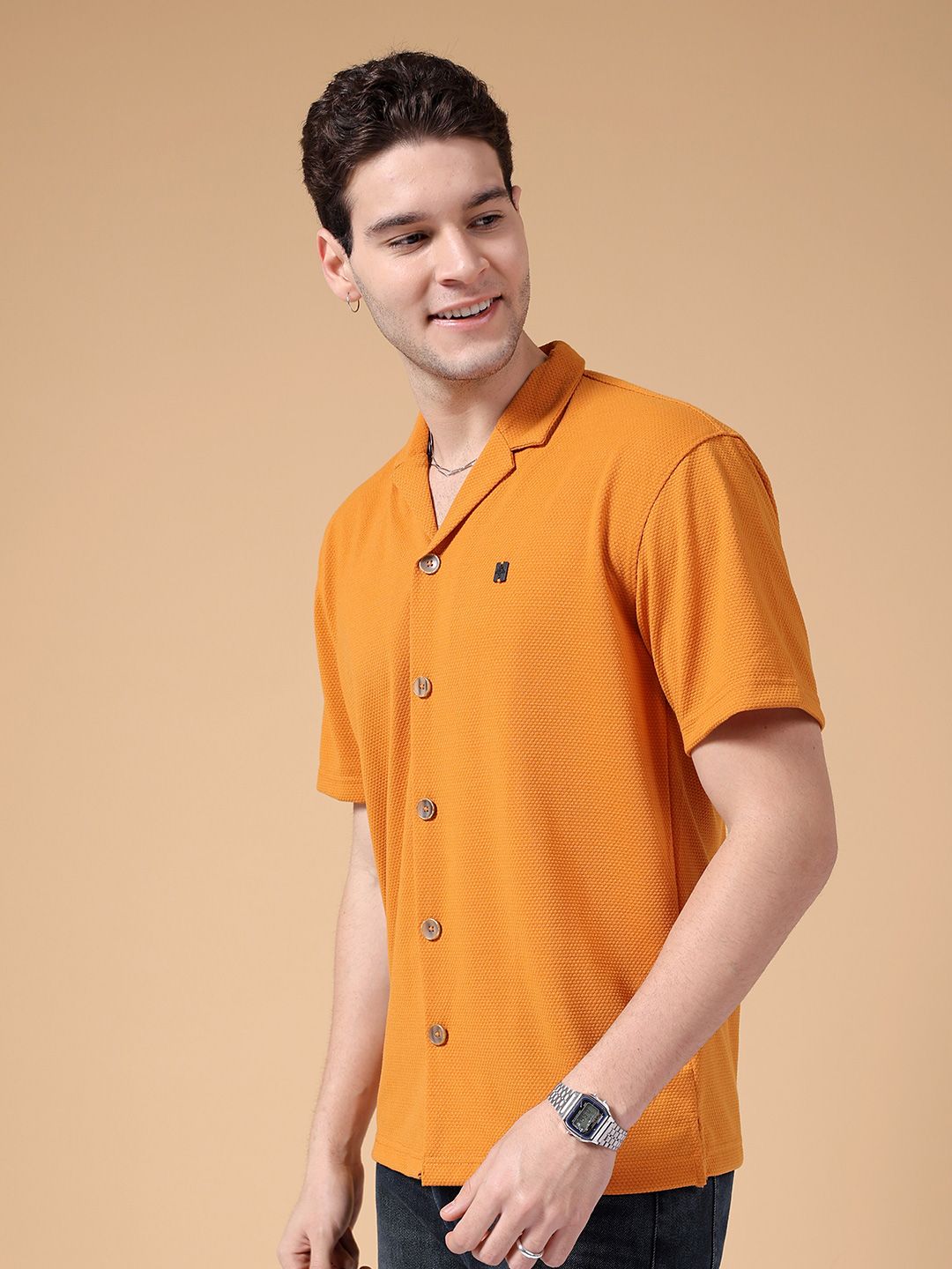 The Indian Garage Co Cuban Collar Self Design Oversized Casual Shirt