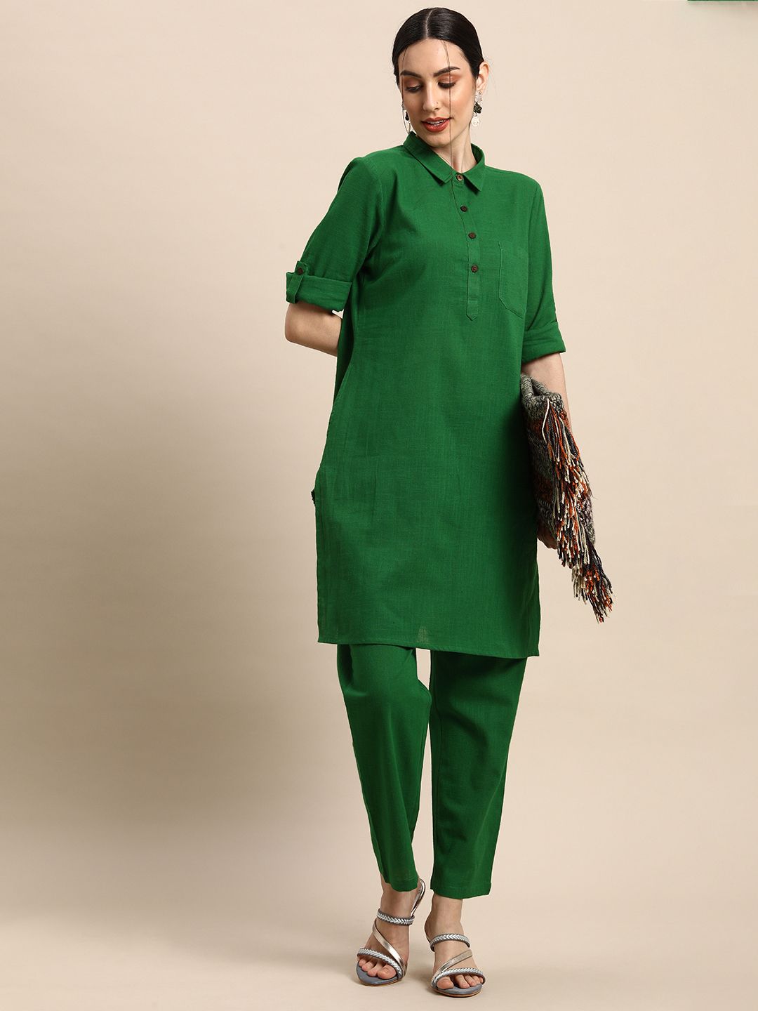 Anouk Women Green Solid Straight Kurta with Trousers