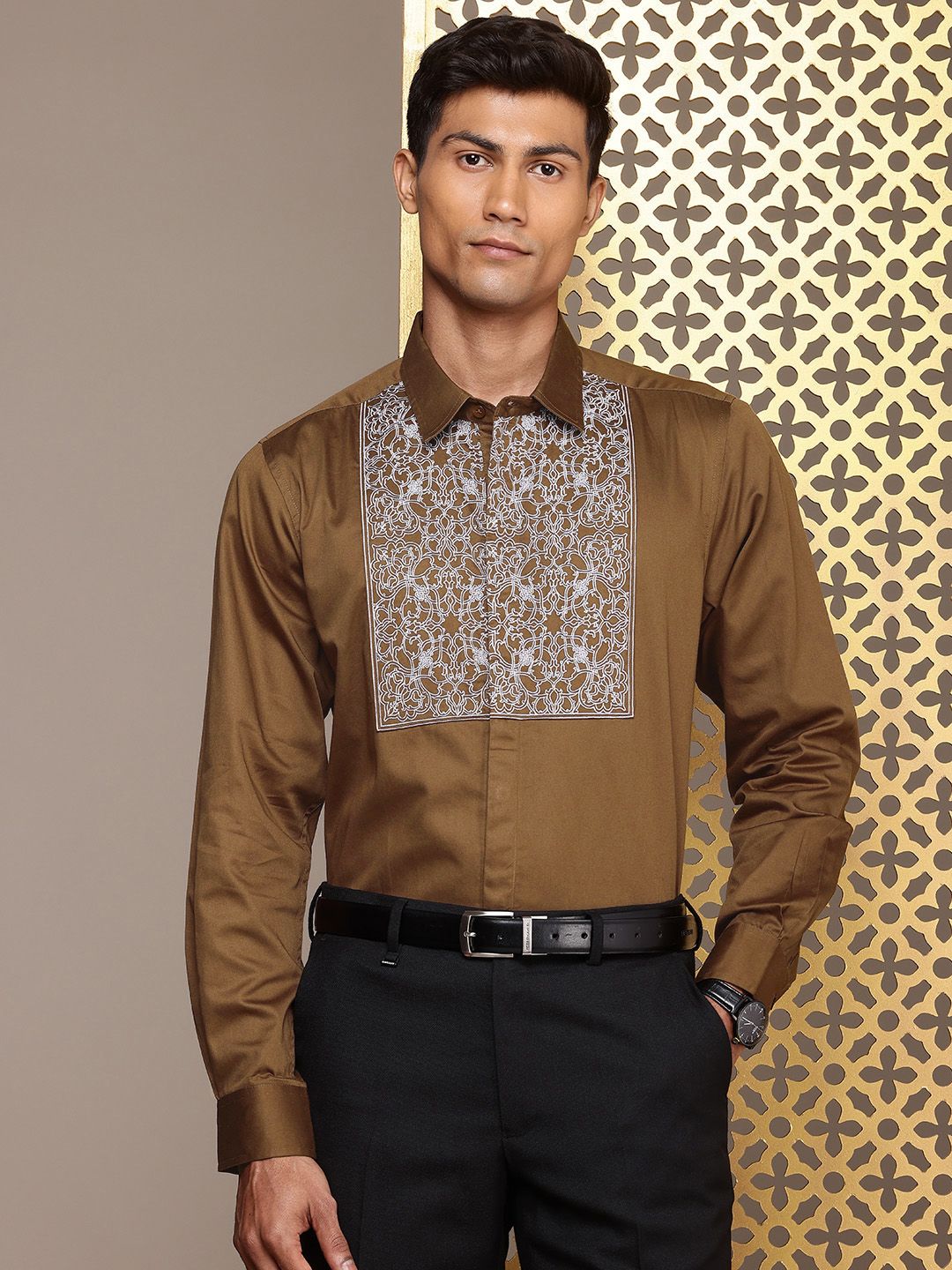 House of Pataudi Red Carpet Pure Cotton Embroidered Opaque Party Shirt