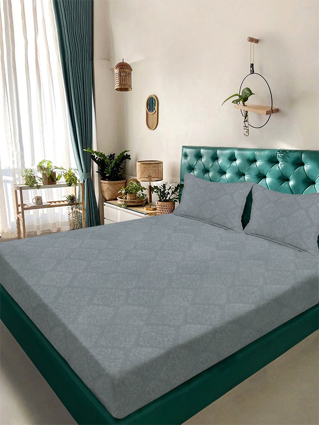 Myntra Elegant Homes Grey Floral 300 TC Cadar Katil King Dengan 2 Sarung Bantal
