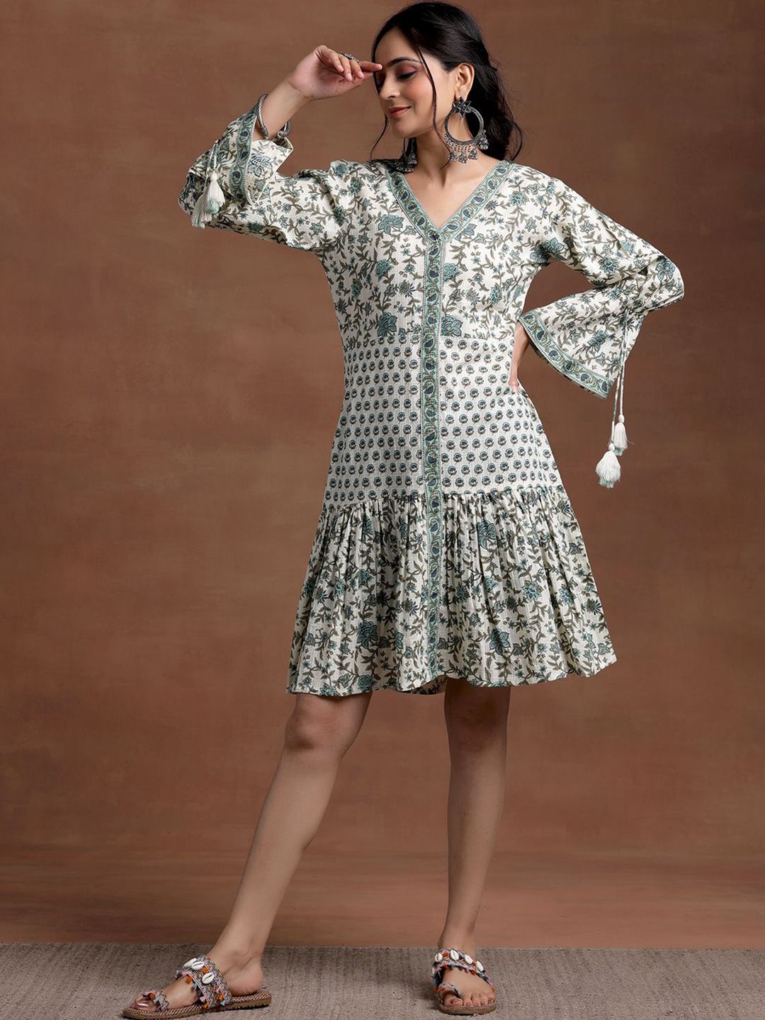 Libas Floral Printed V-Neck Bell Sleeves Cotton A-Line Ethnic Dress