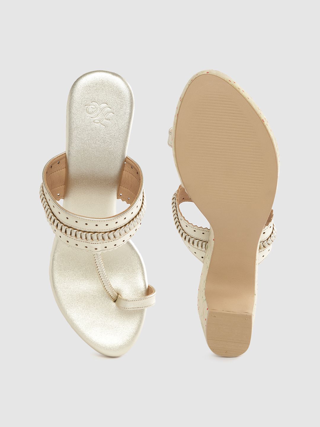 House of Pataudi Women Gold-Toned Braided Detail Handcrafted One-Toe Block Heels