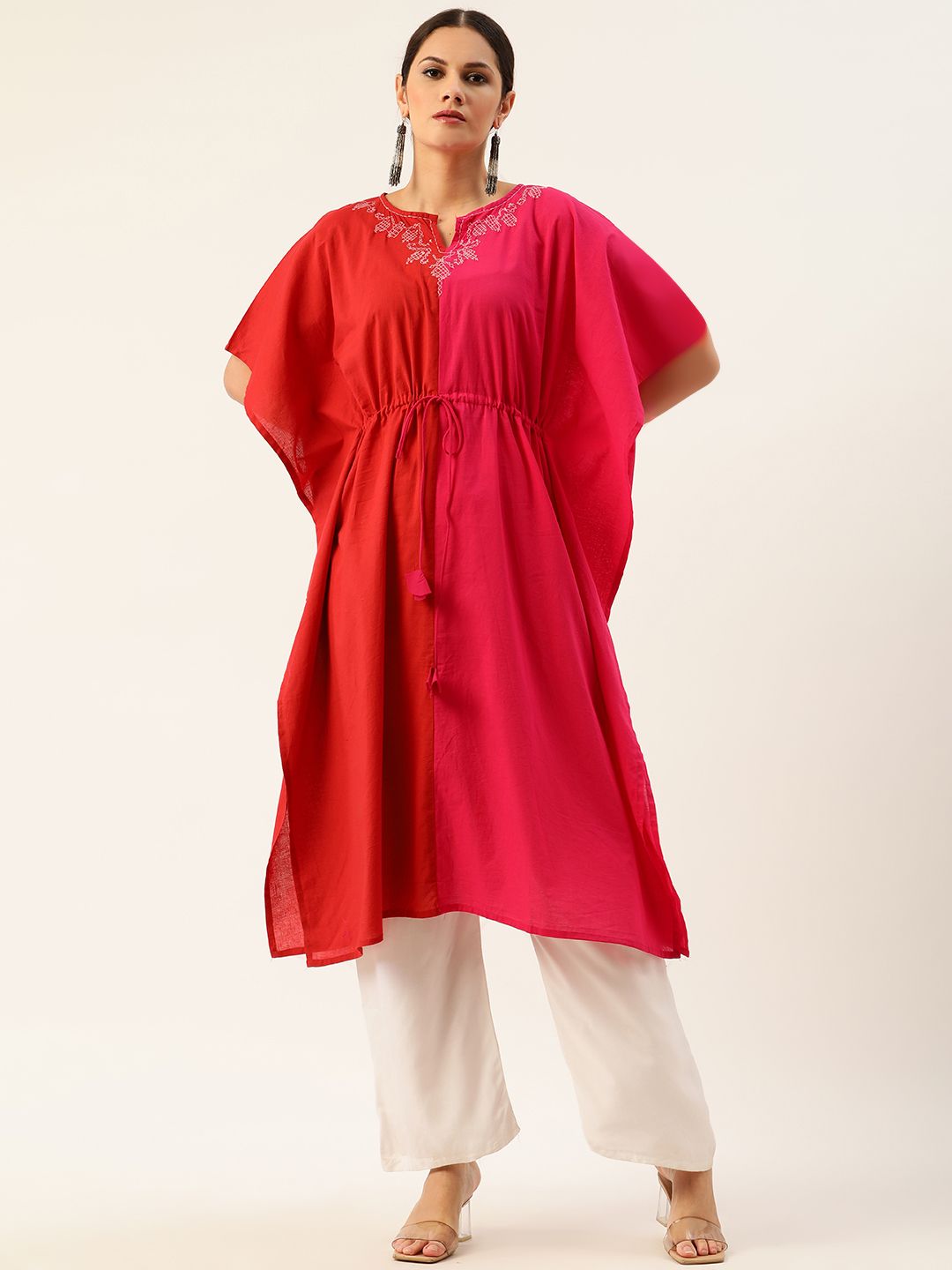 Anouk Women Red & Pink Colourblocked Cotton Kimono Sleeves Kaftan Kurta with Waist Tie-Up
