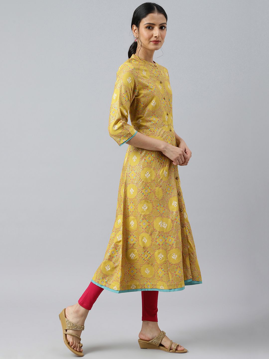 W Yellow Ethnic Motifs Printed Mandarin Collar Panelled A-Line Kurta