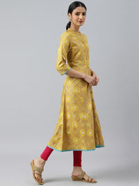 W Yellow Ethnic Motifs Printed Mandarin Collar Panelled A-Line Kurta