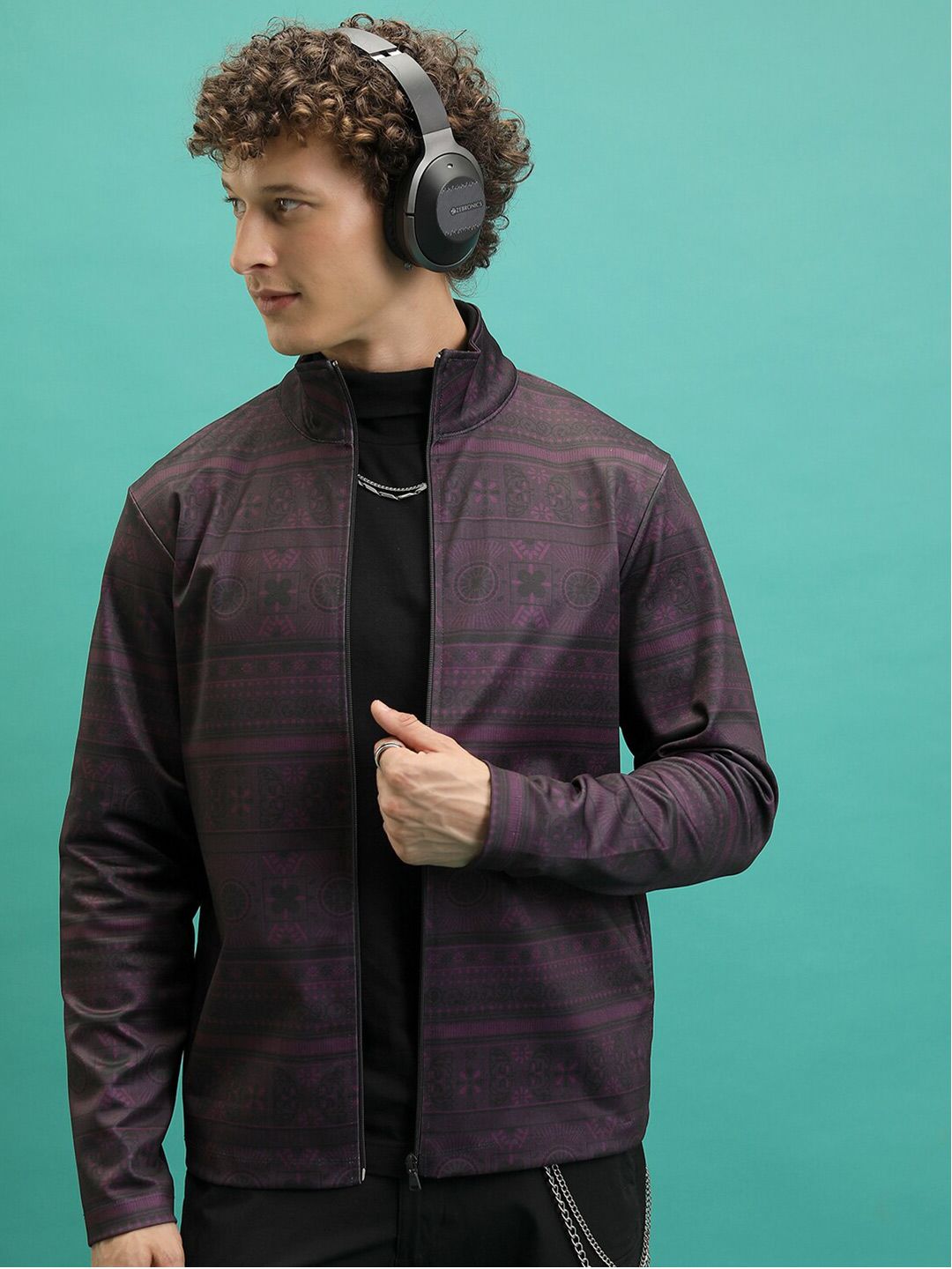 HIGHLANDER Regular Fit Geometric Printed Mock Collar Tailored Jacket