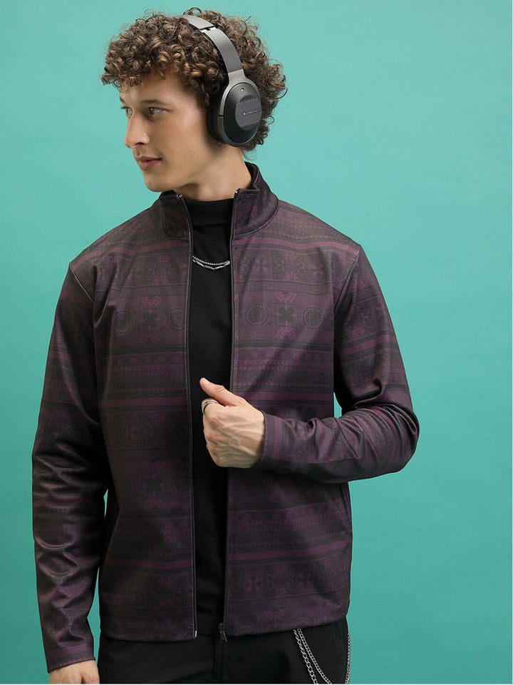 HIGHLANDER Regular Fit Geometric Printed Mock Collar Tailored Jacket