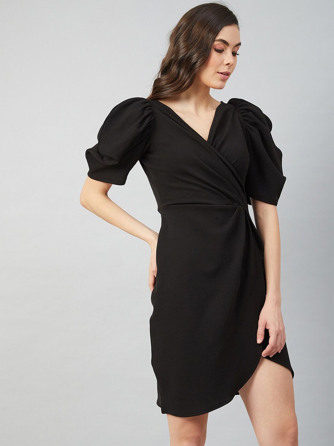 Athena Black Tulip Wrap Dress With Volume Sleeves