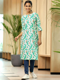 Libas Off White Floral Printed Keyhole Neck Straight Kurta