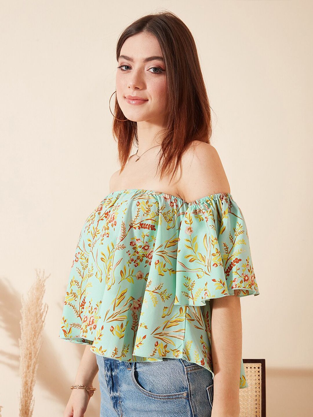 Berrylush Green Floral Printed Off-Shoulder Bardot Crop Top
