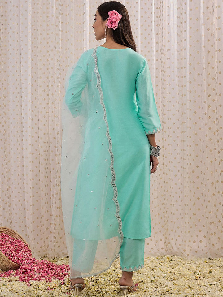 Indo Era Floral Embroidered Sequinned Straight Kurta With Trousers & Dupatta