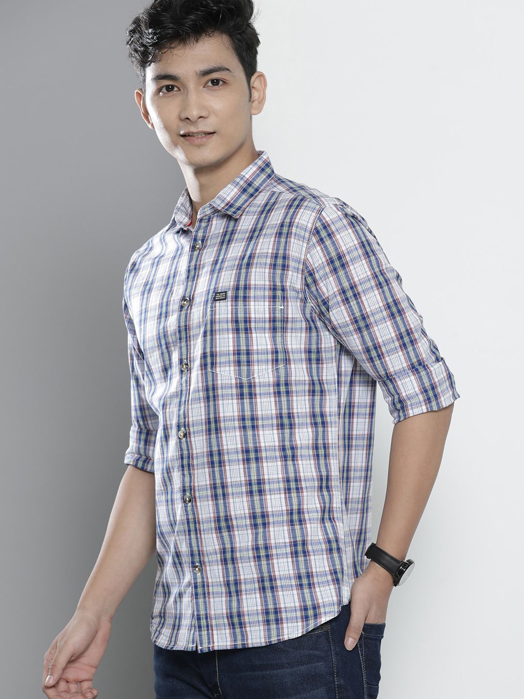 The Indian Garage Co Men White Regular Fit Tartan Checks Opaque Checked Casual Shirt