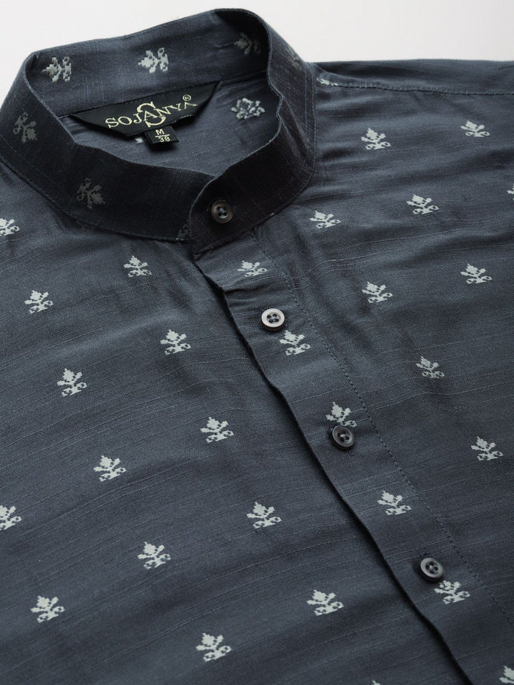 SOJANYA Men Charcoal Ethnic Motifs Kurta with Churidar & Nehru Jacket