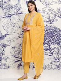 Vishudh Mustard Yellow Embroidered Regular Sequinned Pure Cotton Anarkali Kurta Set