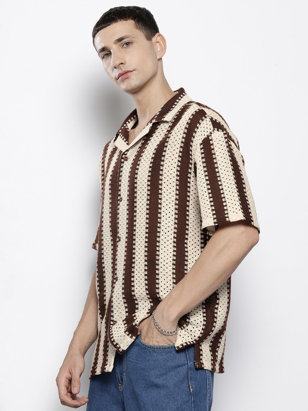 The Indian Garage Co Men Textured Open Weave Knitted Relaxed Fit Shirt
