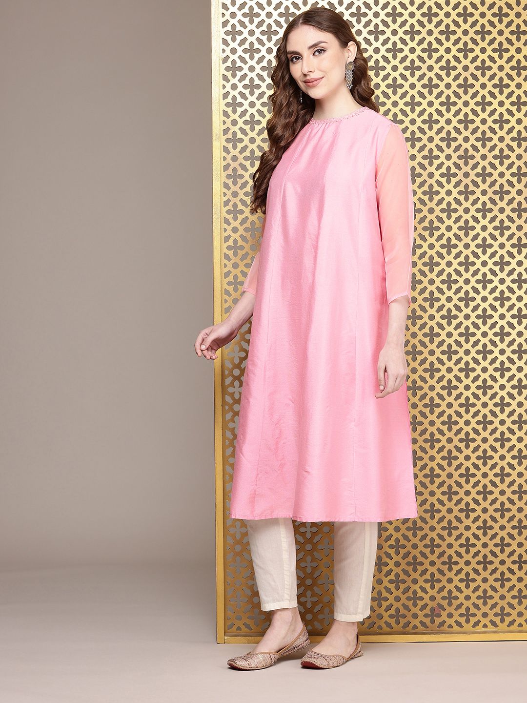 House of Pataudi Three-Quarter Sleeves Round Neck A-Line Rozana Kurta