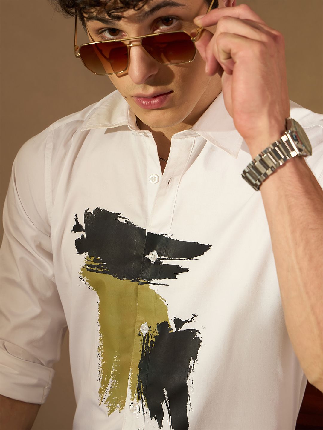 DENNISON Smart Abstract Printed Spread Collar Long Sleeve Cotton Shirt