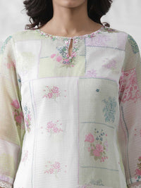 W Floral Printed Keyhole Neck Beads and Stones Kurta