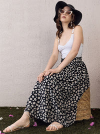 Berrylush Black Floral Printed High Rise Flared Midi Skirt