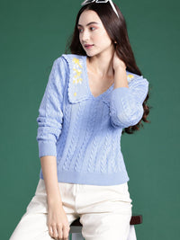 DressBerry Floral Embroidered Cable Knit Acrylic Pullover