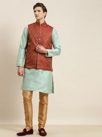 SOJANYA Kurta Hijau Laut Lelaki & Merah Karat dengan Jaket Churidar & Nehru