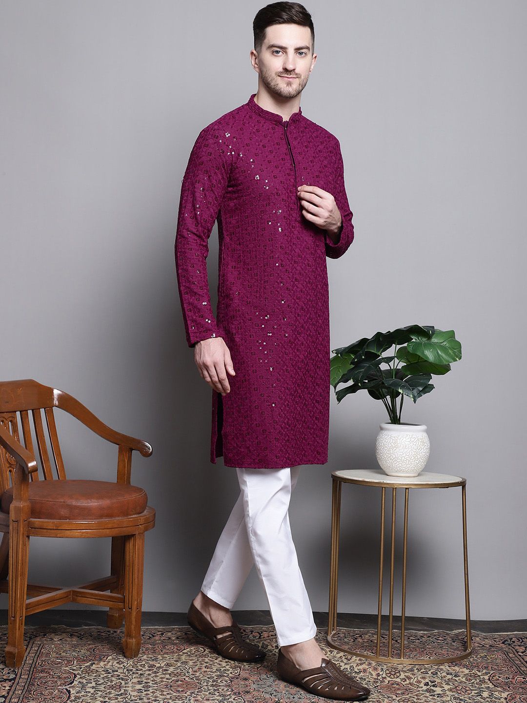 Jompers Geometric Self Design Sequinned Pure Cotton Straight Kurta With Pyjamas