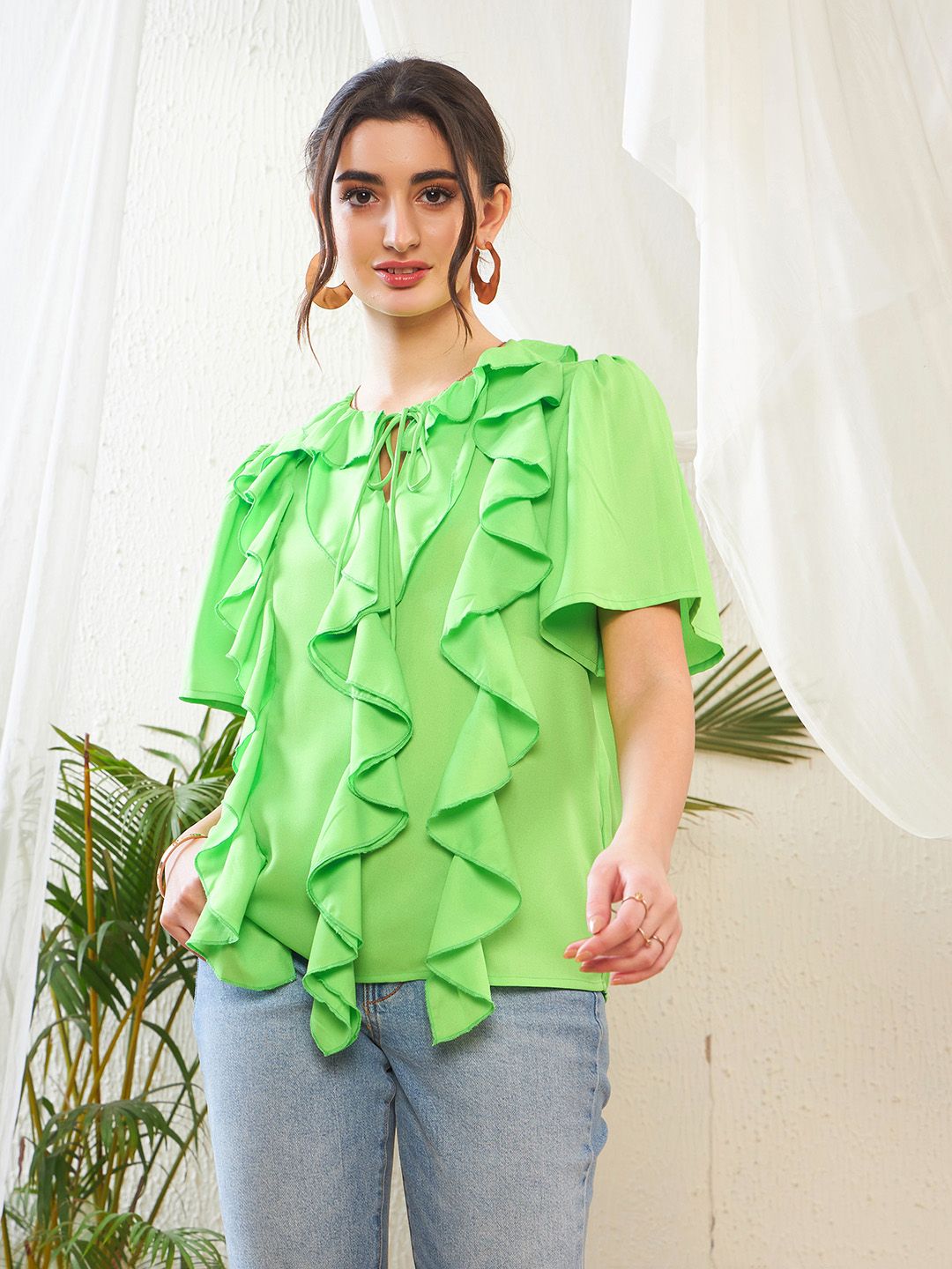 SASSAFRAS Green Keyhole Neck Flared Sleeve Ruffles Georgette Top